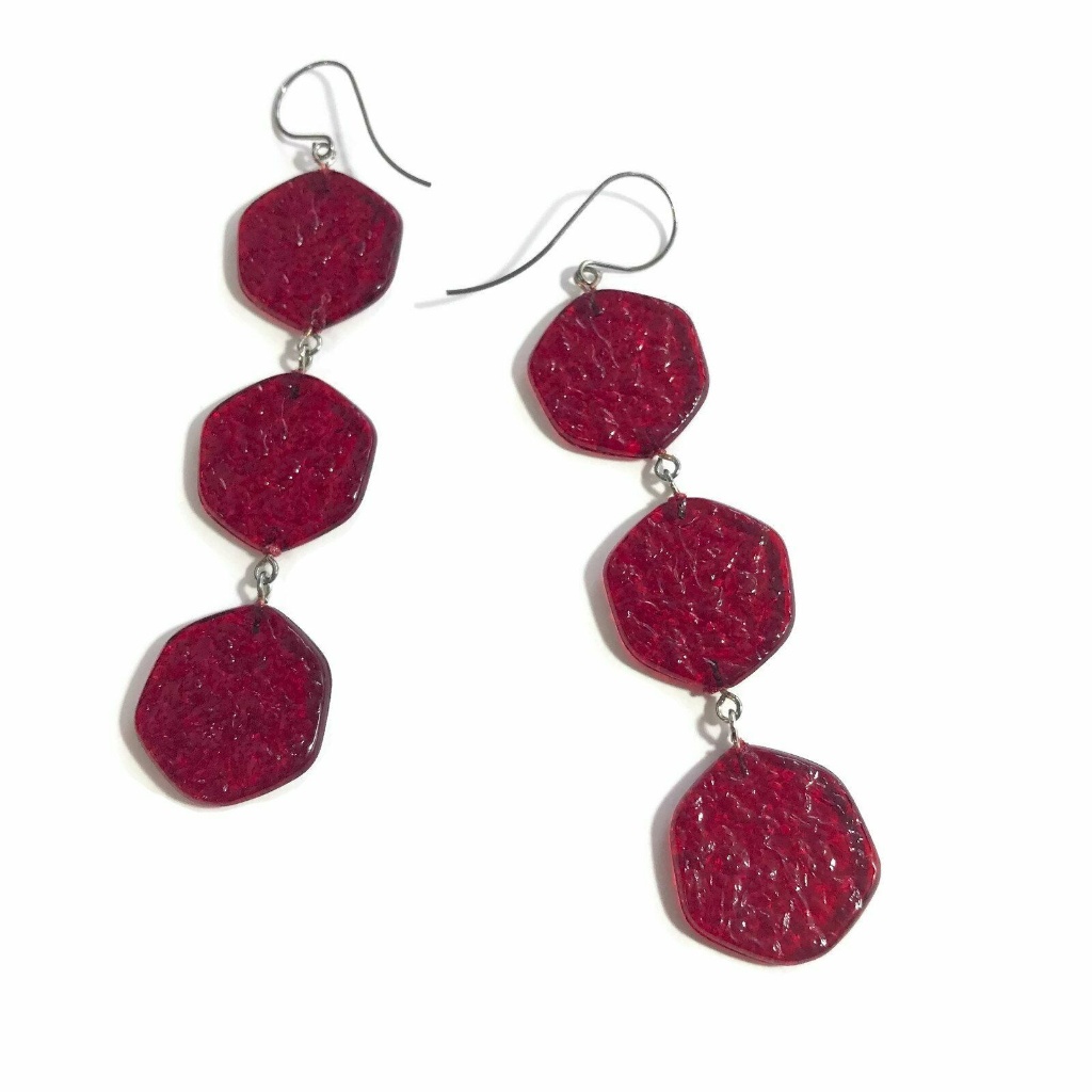 Cherry Red Stained Glass Triple Drop Earrings